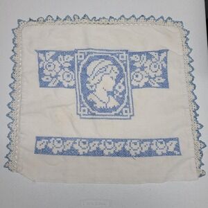 Vintage 16in Hand Embroidered Linen Square Blue Floral Design Pillow Cover Doily
